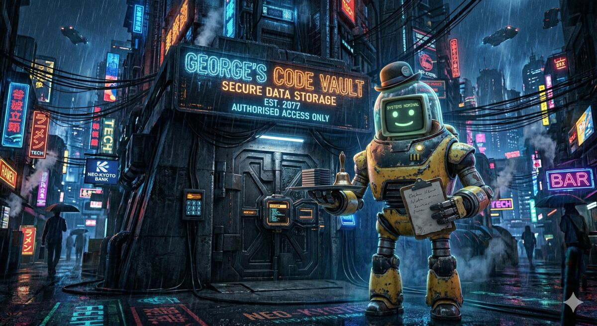 nully standing guard outside George's Code Vault